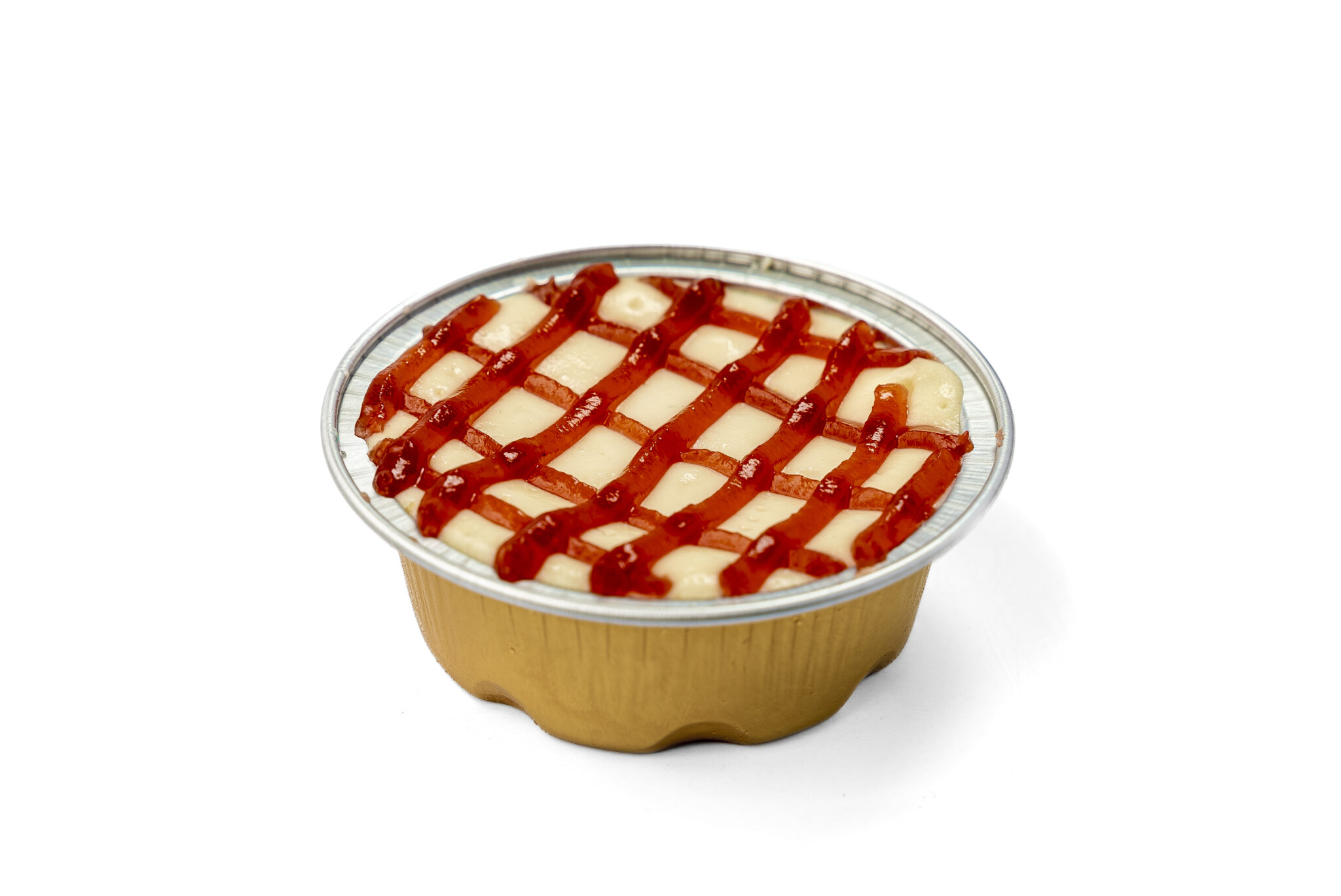 guava flavored drizzle atop a mini cup cheesecake